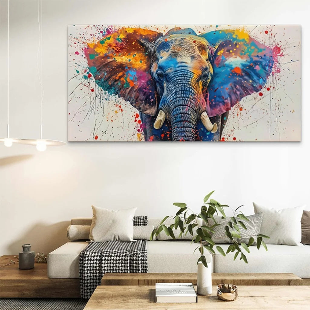 Tableau Moderne Explosion Sauvage avec éléphant pop art et éclaboussures de peinture colorées

