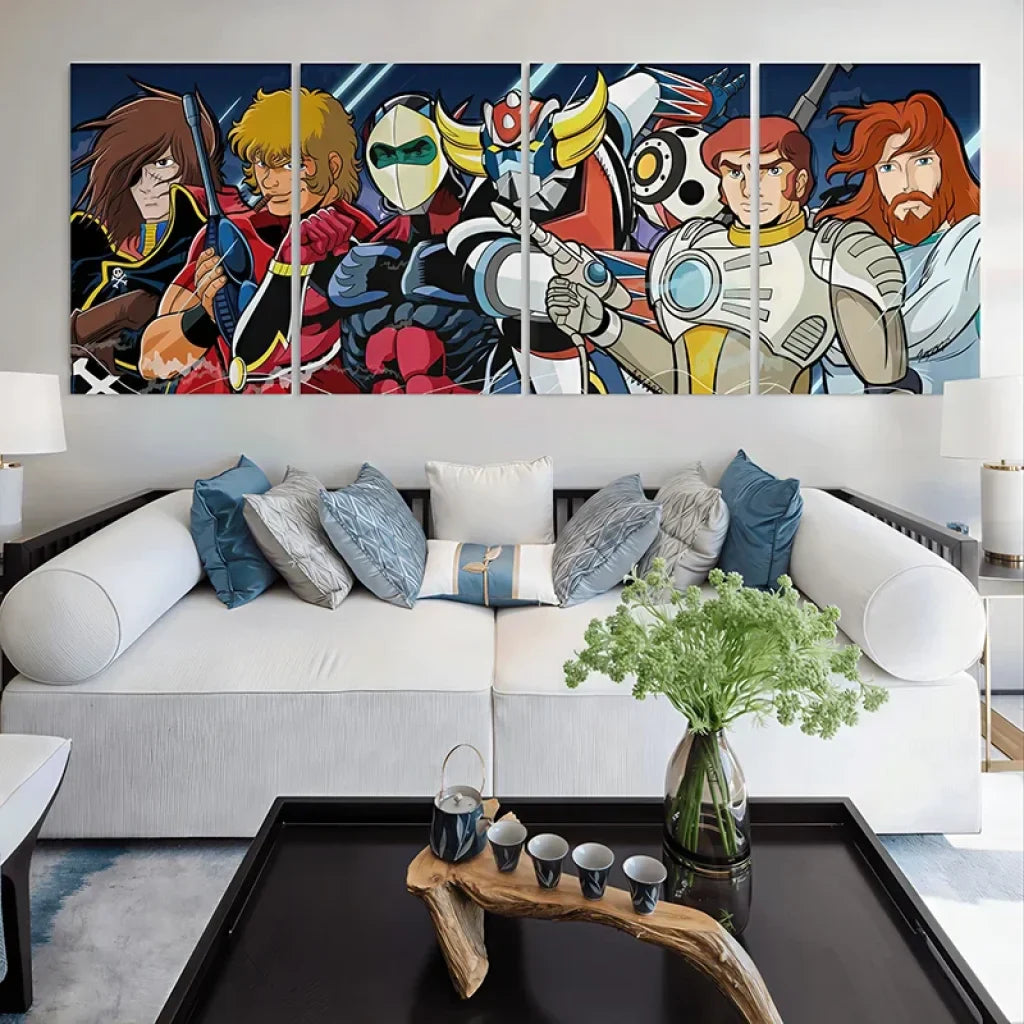 4-part painting featuring Goldorak, Albator, and Captain Flam

