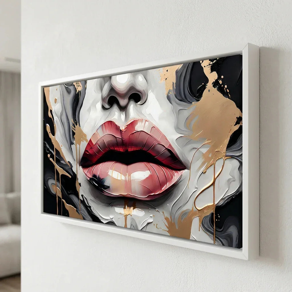 Modern art painting featuring lips with a black and gold paint effect