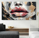 Modern art painting featuring lips with a black and gold paint effect