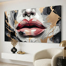Abstract art painting of glamorous lips in black, white, and gold
