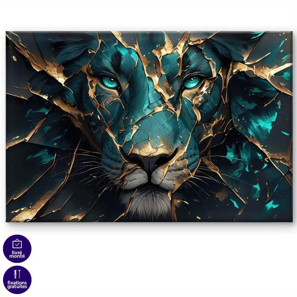 Visuel artistique de lion majestueux avec effets dorés et fond sombre

