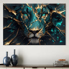 Tableau lion design contemporain avec craquelures dorées et regard intense

