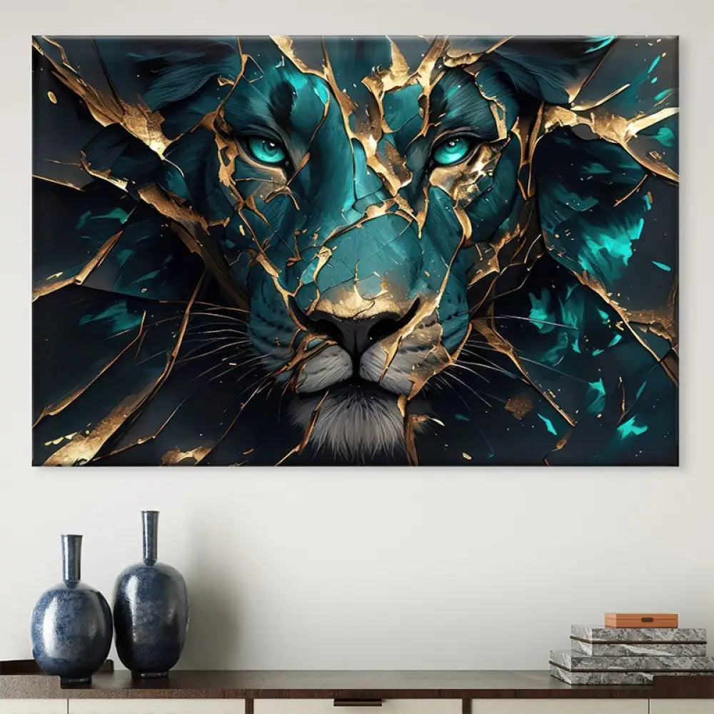 Tableau lion design contemporain avec craquelures dorées et regard intense


