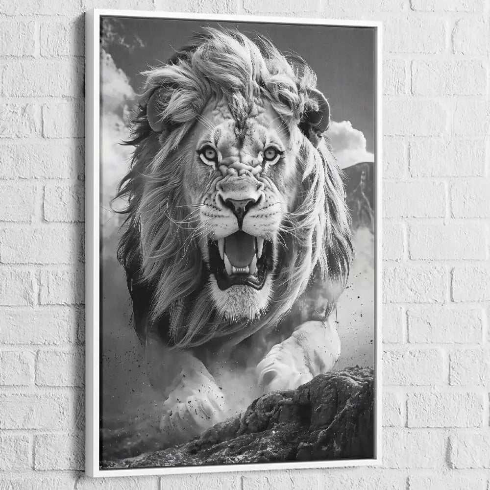 tableau lion face au roi avec cadre blanc