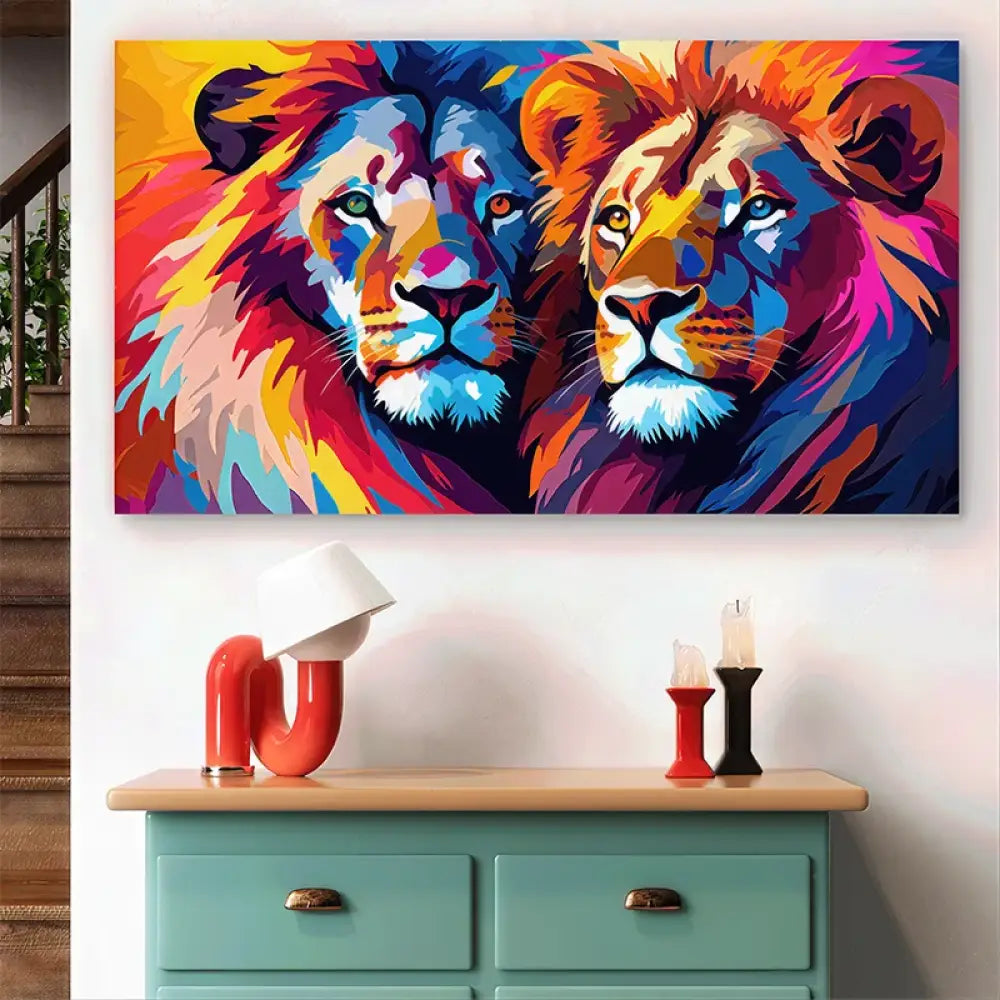 Toile murale duo de lions en regard opposé

