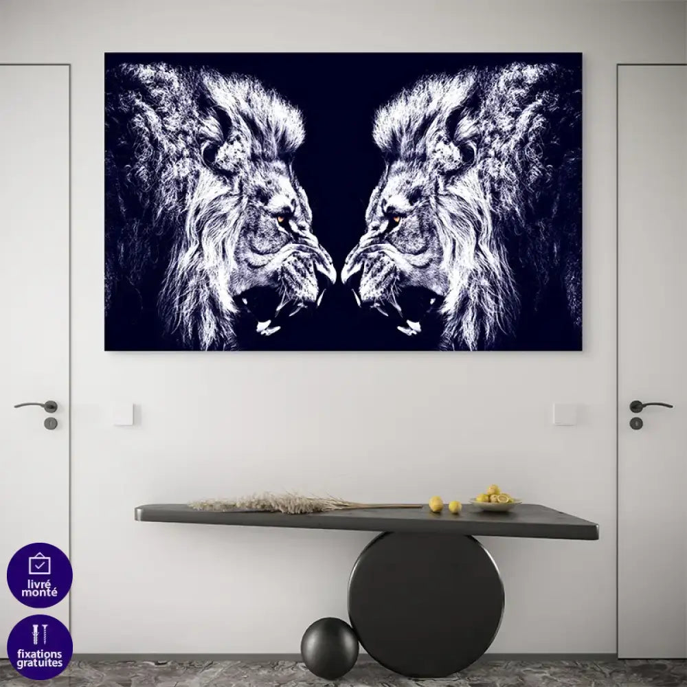 toile imprimée lion noir et blanc déco salon

