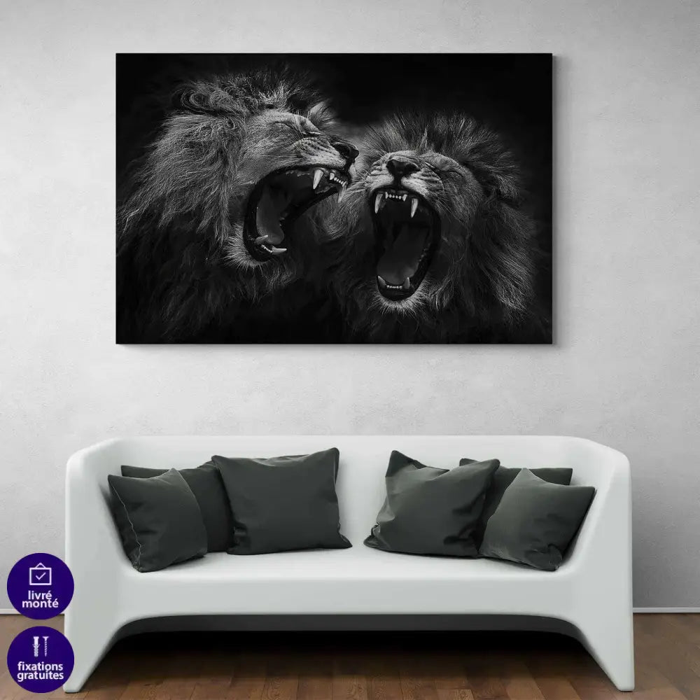 Tableau Lion Noir et Blanc Rugir - Montableaudeco