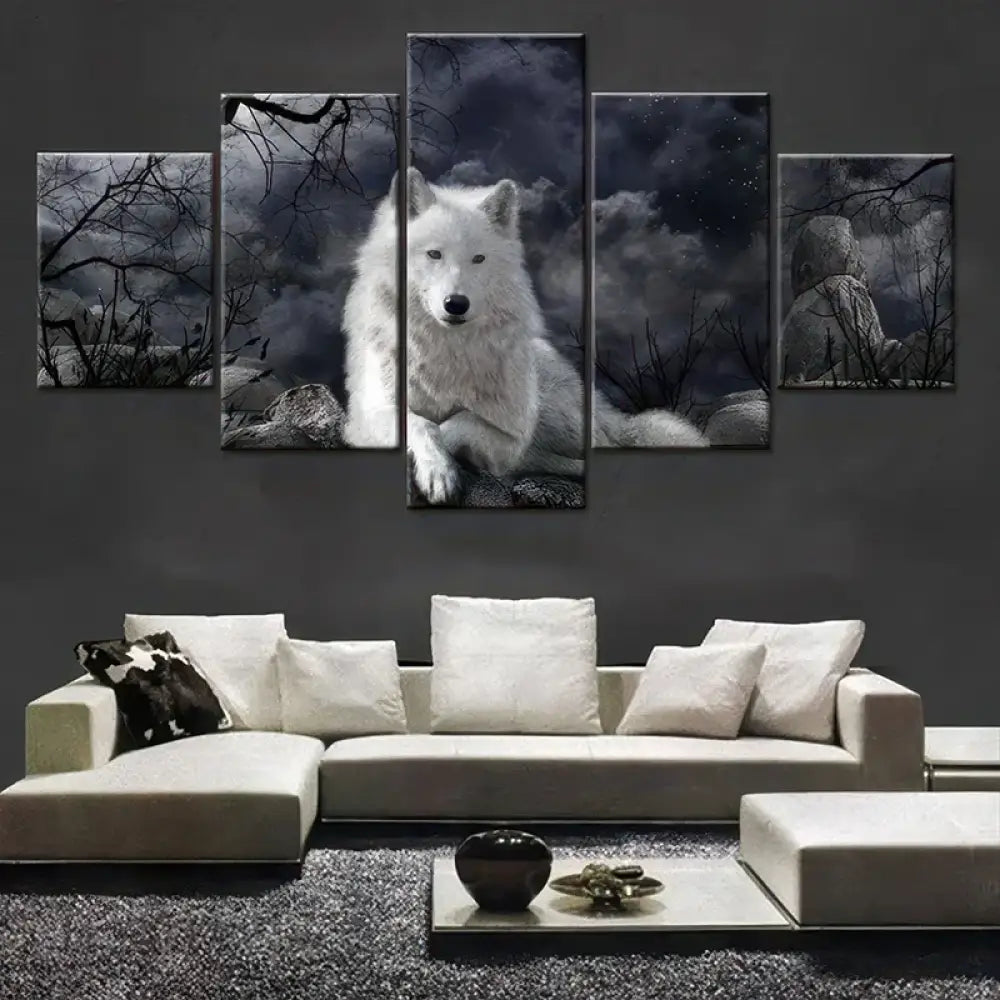 Tableau Loup Blanc 5 Panneaux