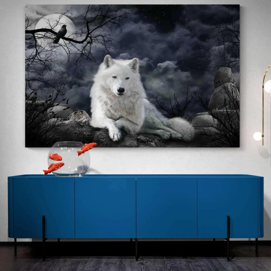 IHAPPYWALL Grande Impression Sur Toile Représentant Un Loup Blanc, 5 Pièces, Avec Un Loup Blanc, Des Yeux Bruns, Pour Décoration Murale Prête à être Accrochée