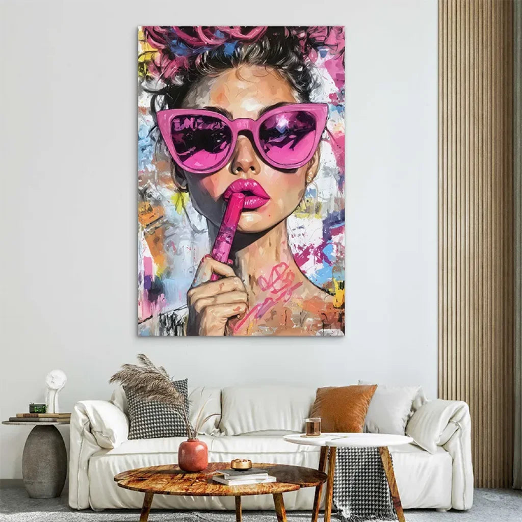 Tableau Glam Attitude femme lunettes roses style pop art

