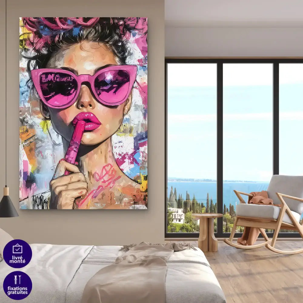 Portrait féminin moderne en rose et couleurs vives pour déco murale

