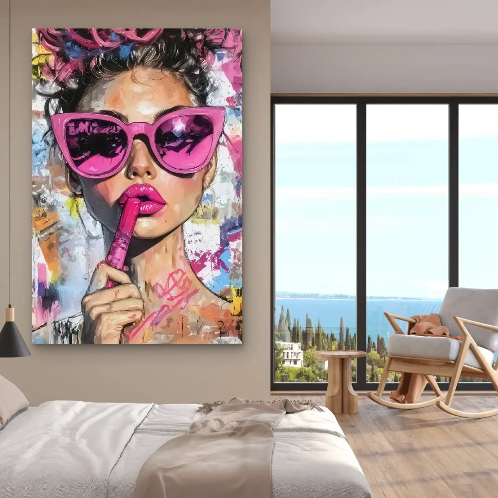 Portrait féminin moderne en rose et couleurs vives pour déco murale

