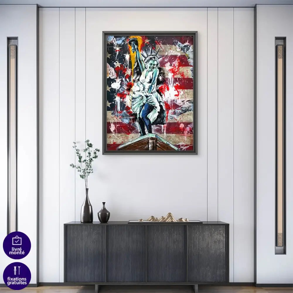 Décoration murale tableau Marilyn Monroe avec fond drapeau américain déstructuré

