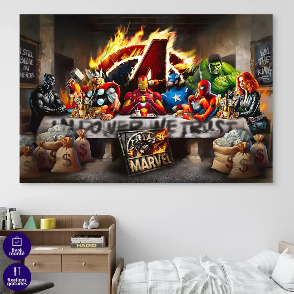 Œuvre pop art Marvel avec Iron Man, Thor, Hulk et Captain America

