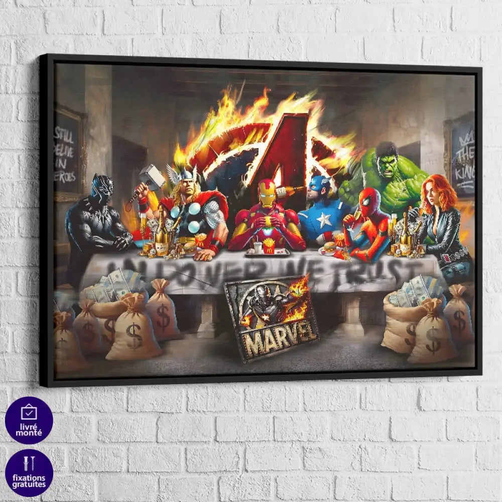Tableau contemporain Avengers avec repas McDonald's et champagne

