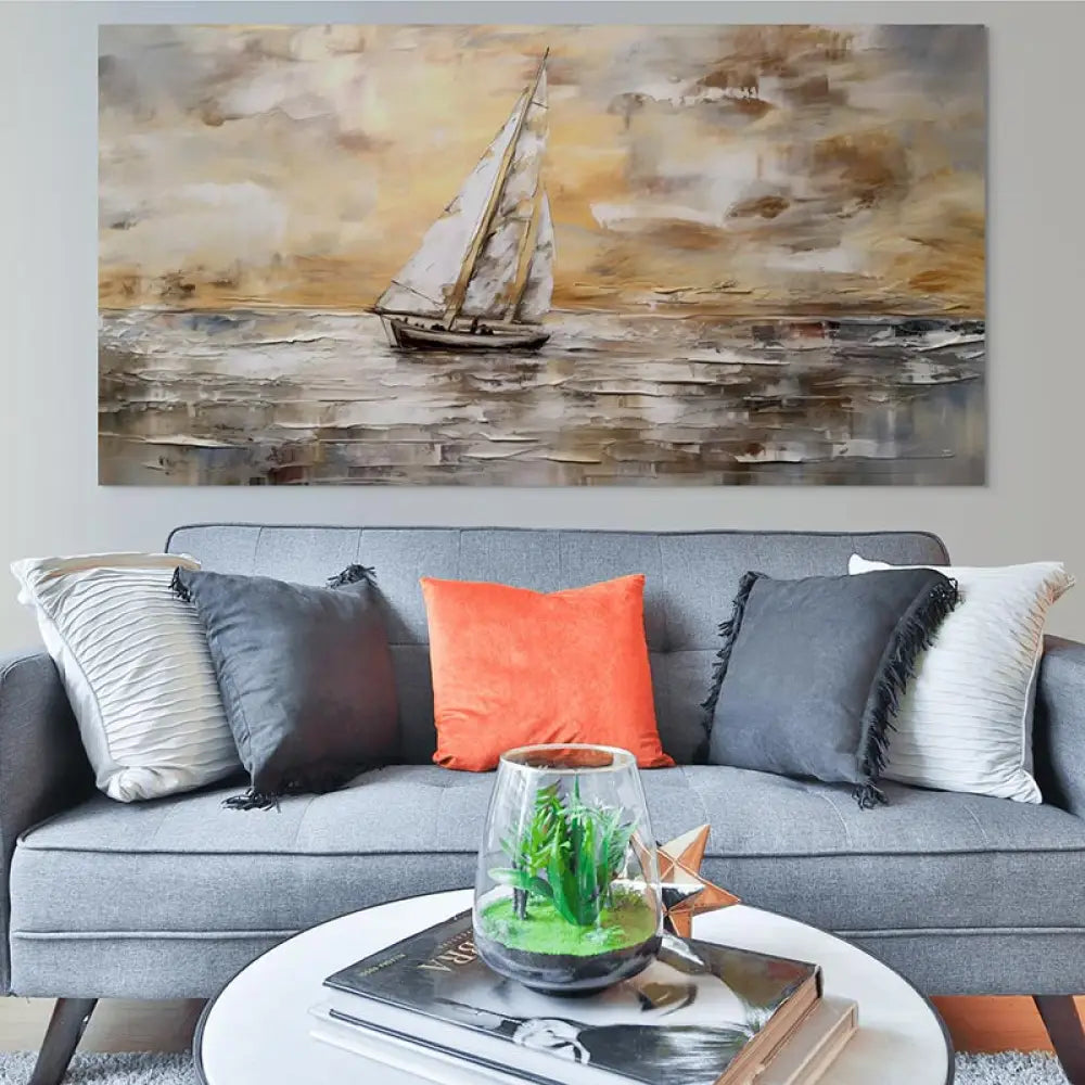 Tableau Mer Coucher de Soleil Nautique 40x80cm / Toile tendue sur châssis Tableau Mer