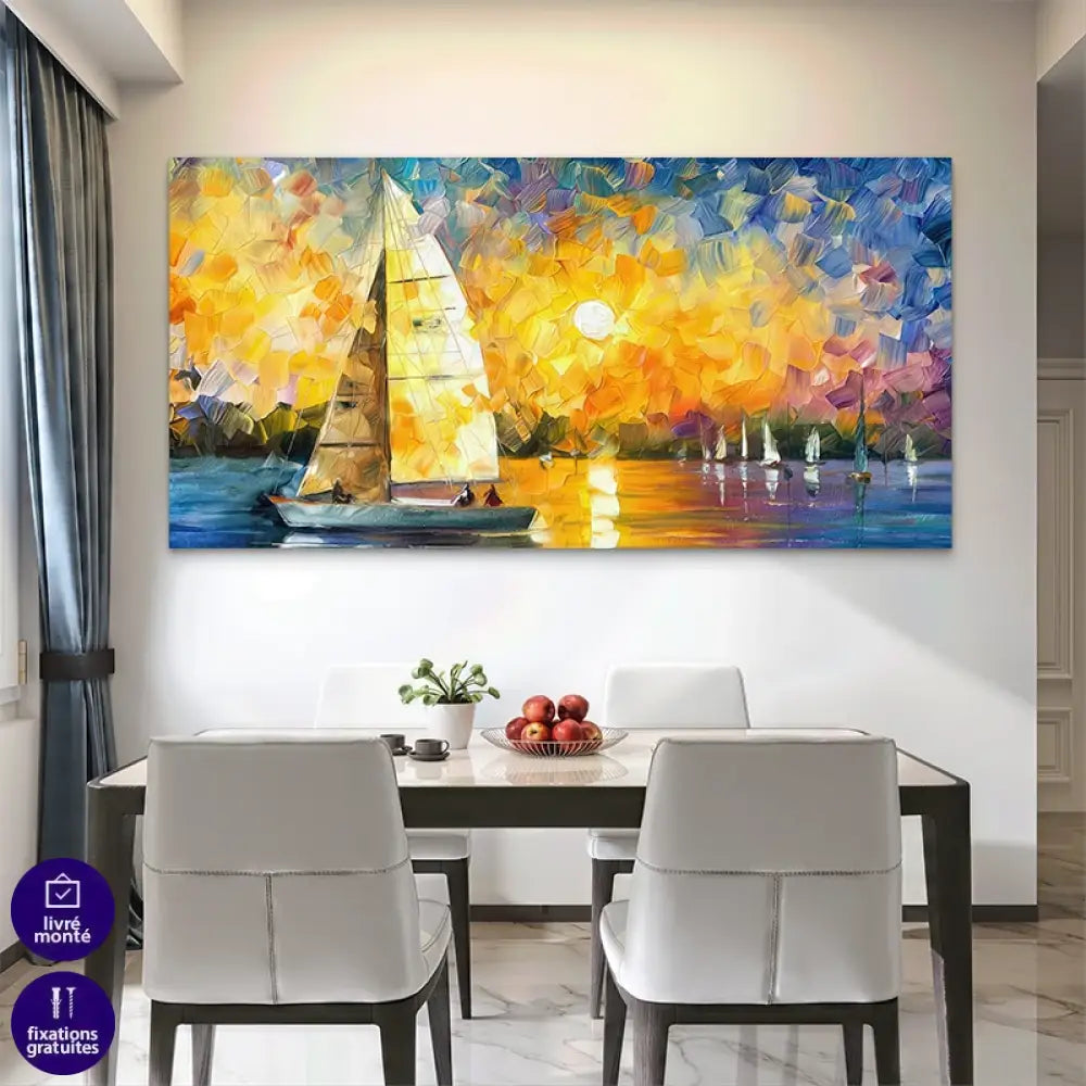 Tableau bateau impressionniste pour décoration de salon