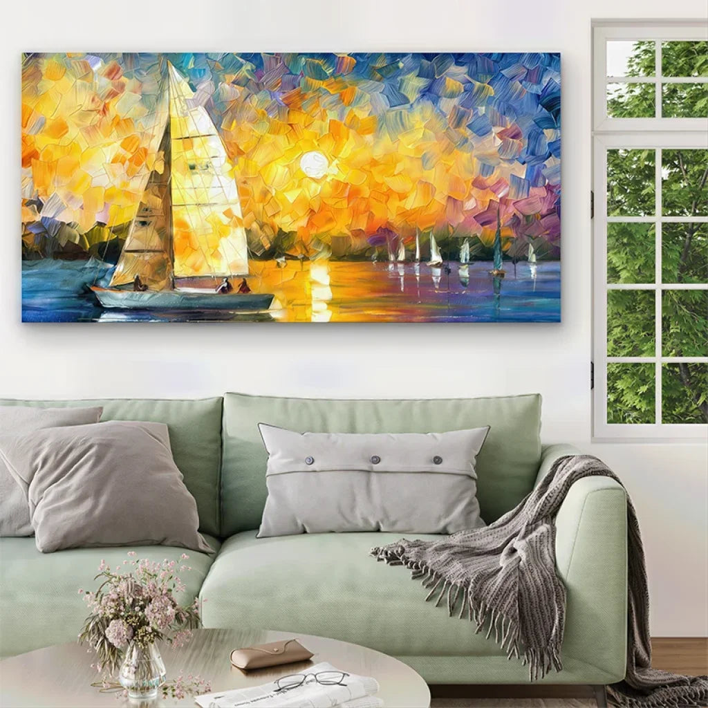 Tableau mer coucher de soleil avec voilier blanc sur fond orange lumineux
