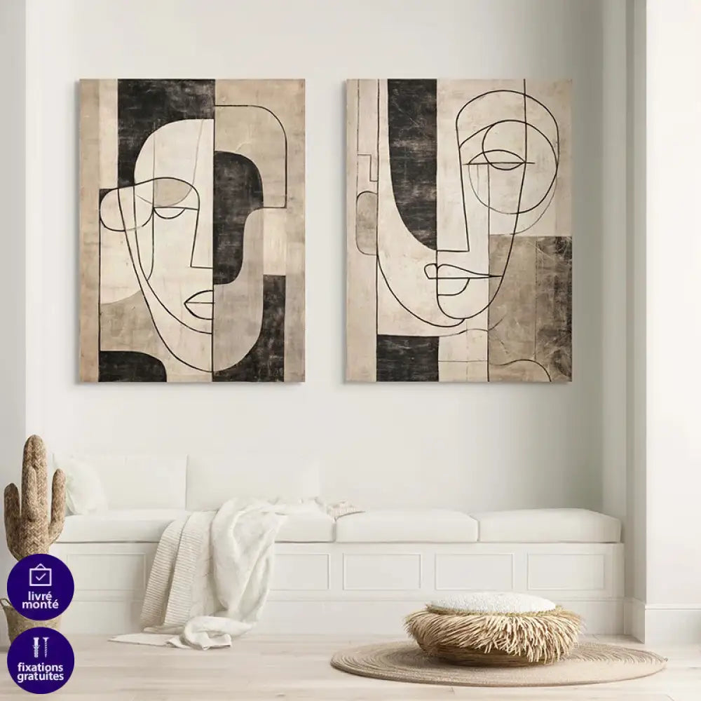 Tableau décoratif minimal – traits noirs sur fond beige naturel