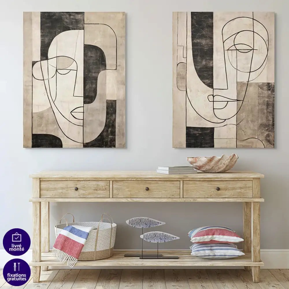 Grand format XXL tableau minimaliste noir beige style scandinave