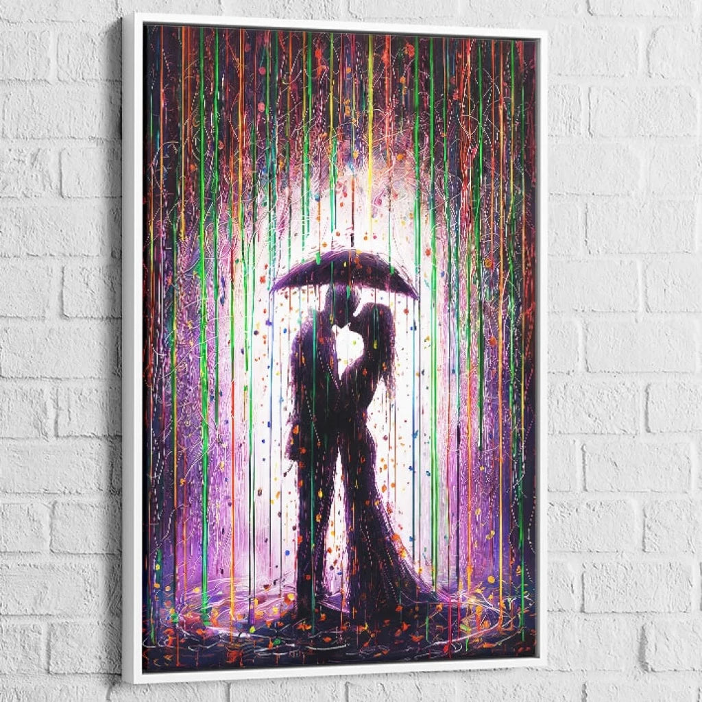 Tableau Moderne Amour sous la Pluie 40x60cm / Cadre Blanc Tableau Moderne