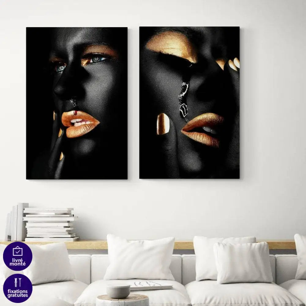 Tableau Moderne Femme Gold Cry 2 Pièces - Montableaudeco