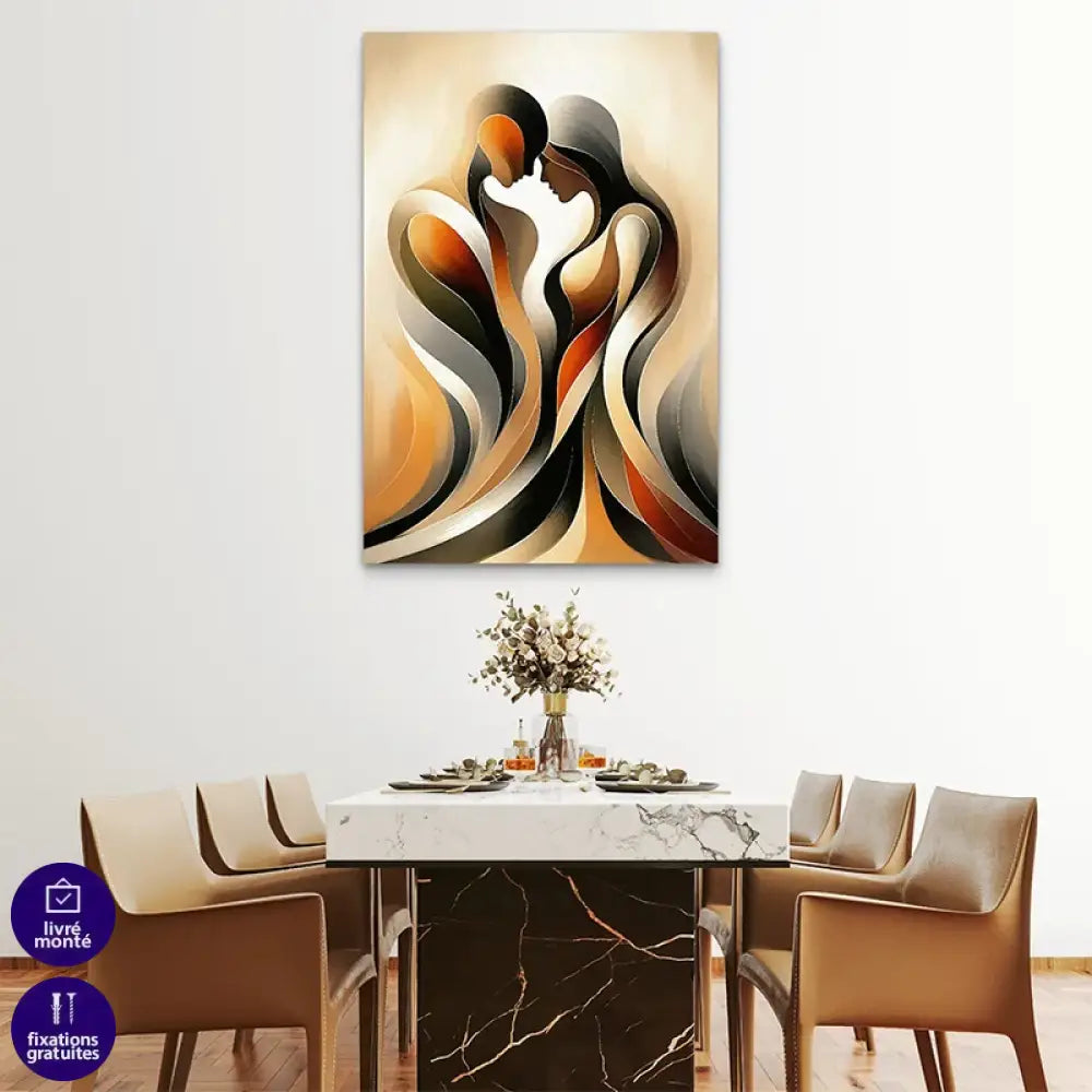 Tableau couple fusion abstraite - design mural émotionnel et artistique

