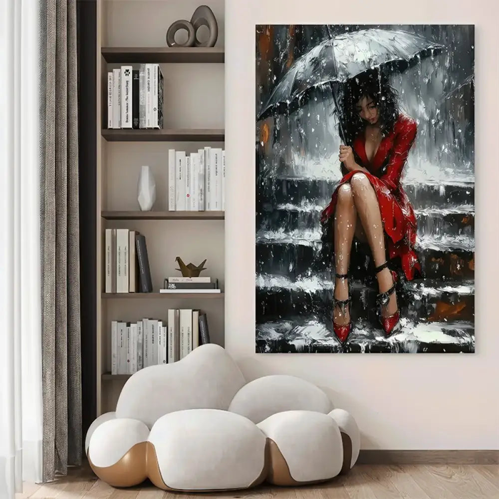 Tableau contemporain femme sous parapluie sur des marches

