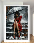 Femme en robe rouge sous la pluie tableau moderne émotionnel

