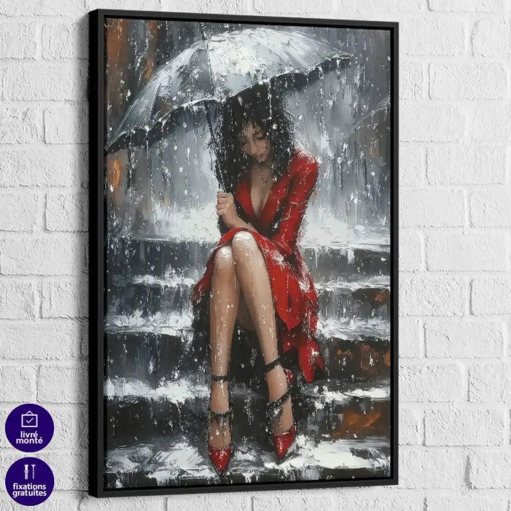 Portrait stylisé féminin sous l’orage avec robe rouge vif

