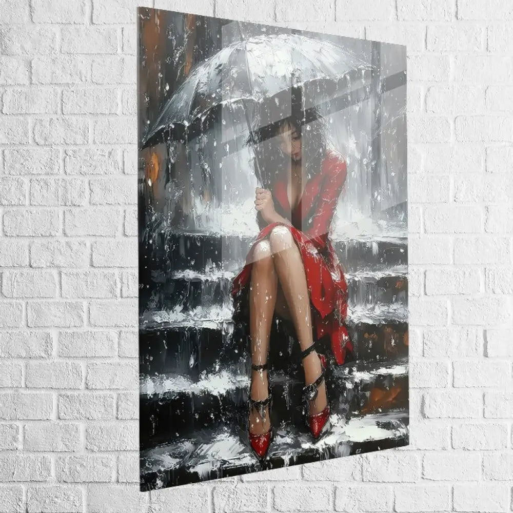 Femme assise sous la pluie œuvre expressive moderne noir et rouge

