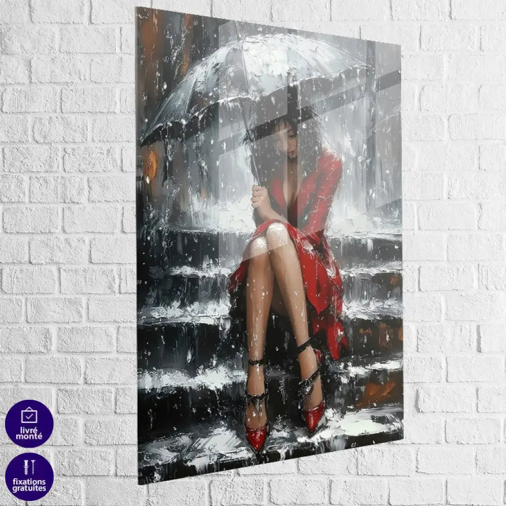 Femme assise sous la pluie œuvre expressive moderne noir et rouge

