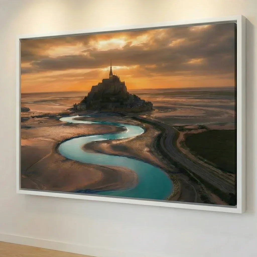 Mont Saint-Michel painting in a white floating frame, bright and contemporary decoration