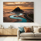 Decorative painting of Mont Saint-Michel at sunset, golden light on the abbey