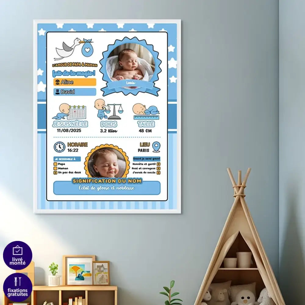 tableau naissance personnalisé garçon avec prénom et date

