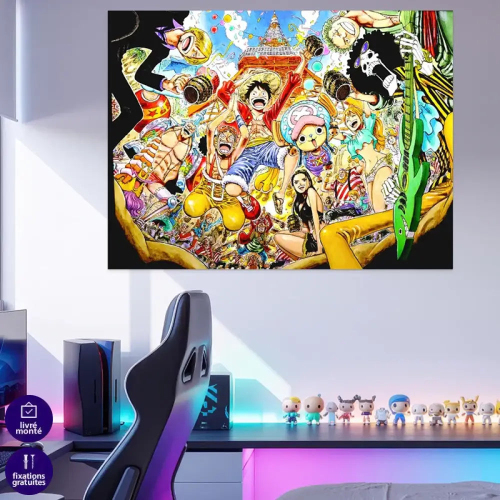 tableau One Piece à Paris avec Luffy et son équipage devant la Tour Eiffel