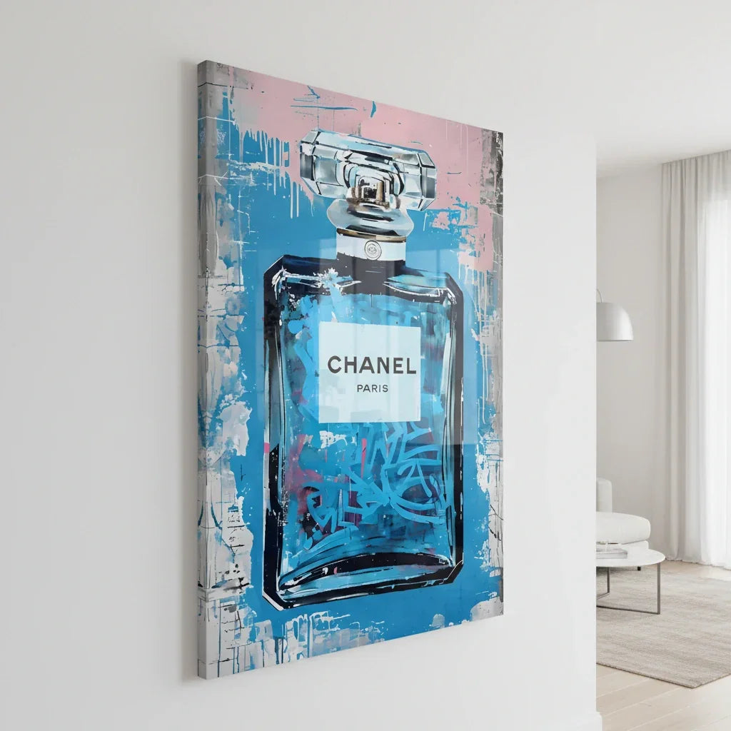 wall art Acrylic Glass Print blue perfume bottle 
