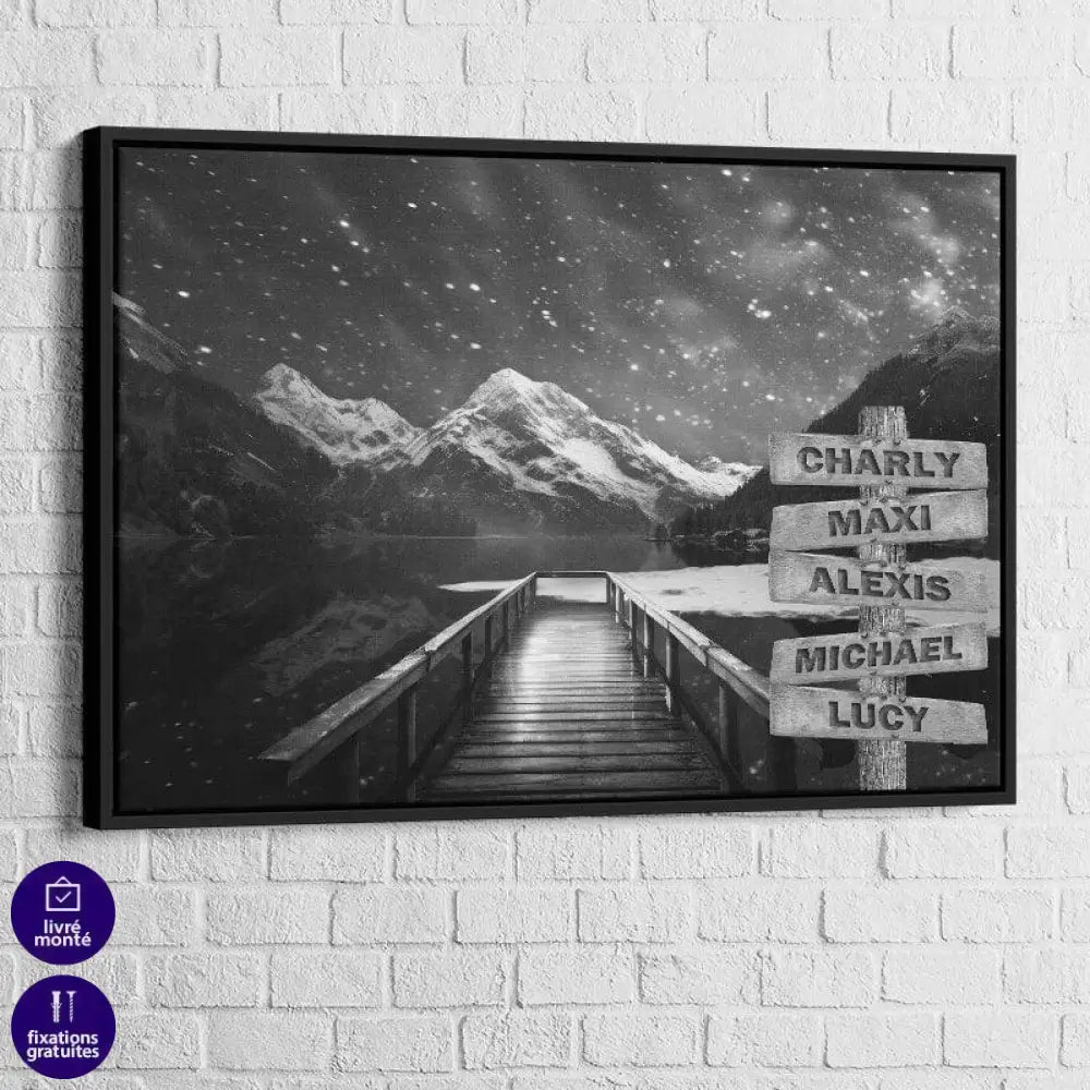 Tableau Personnalisé Prénoms Ponton Lac Neige - Montableaudeco