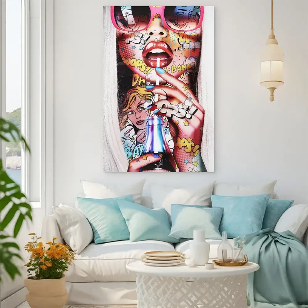 Tableau moderne femme style comics pop art - explosion de couleurs et d'énergie

