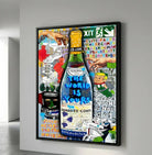 Pop art bottle painting with black floating frame, modern design decor