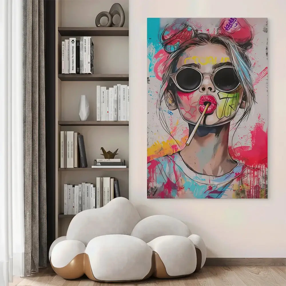 Tableau street art féminin avec lollipop et lunettes

