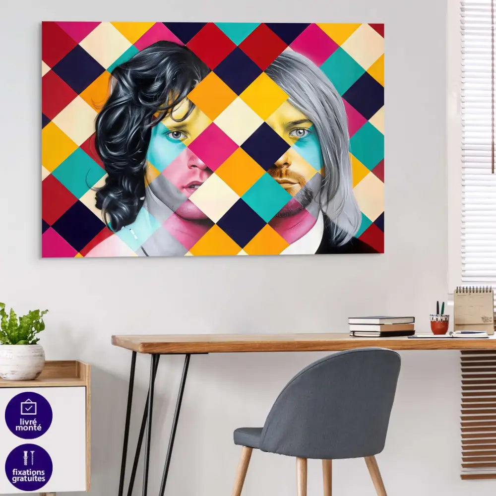 œuvre graphique aux visages croisés en losanges colorés

