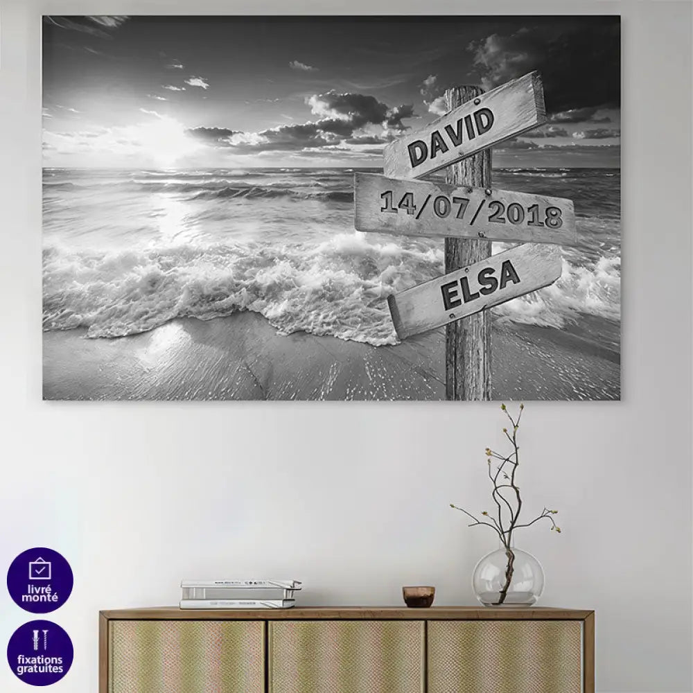 Tableau personnalisable avec deux prénoms et une date, idéal pour couples, décoration murale romantique, style moderne et épuré.

