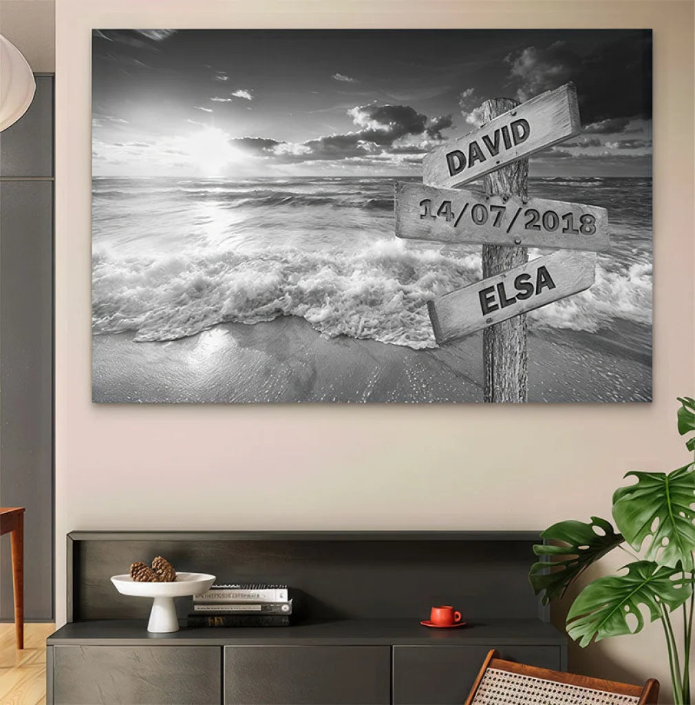 Tableau décoratif personnalisable avec deux prénoms et une date, parfait pour un couple