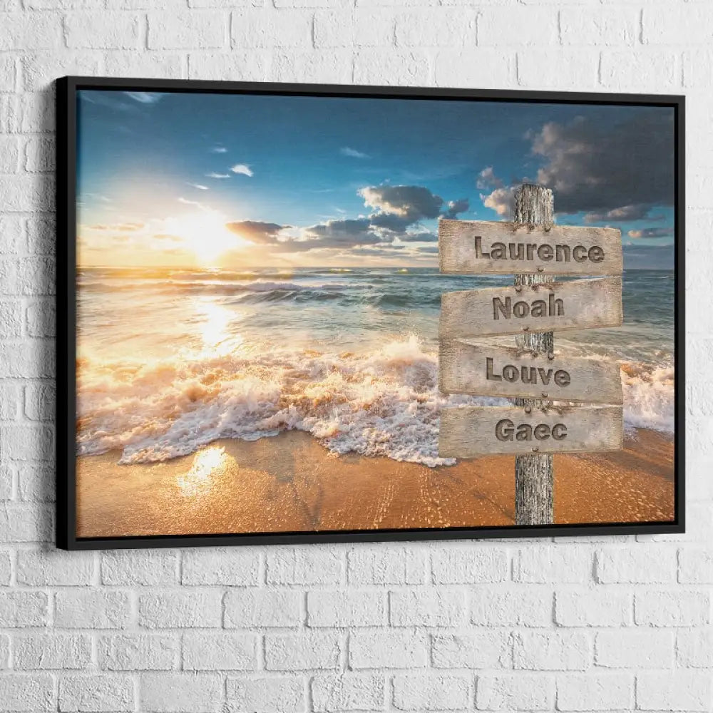 Tableau Prénoms Famille Bord de Plage 40x60cm / Cadre Noir Toile Imprimée
