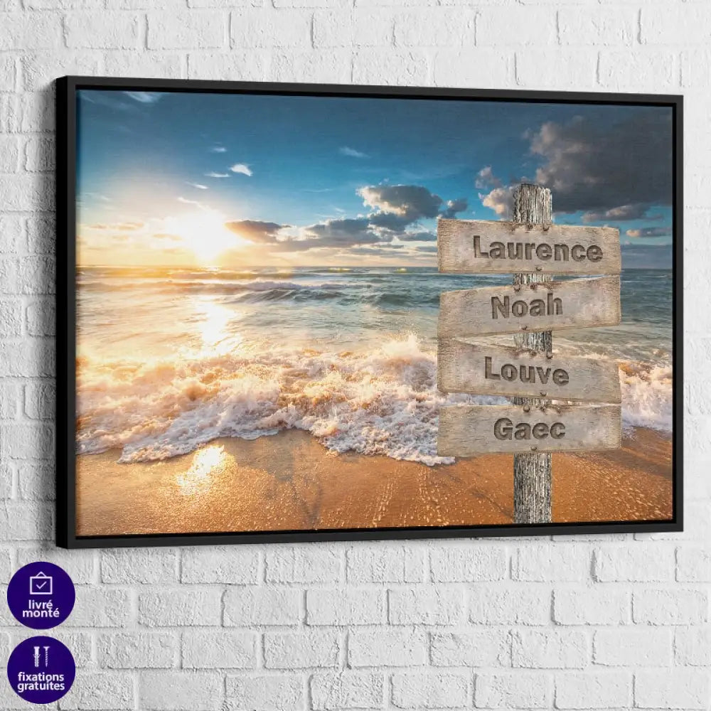 Tableau Prénoms Famille Bord de Plage 40x60cm / Cadre Noir Toile Imprimée