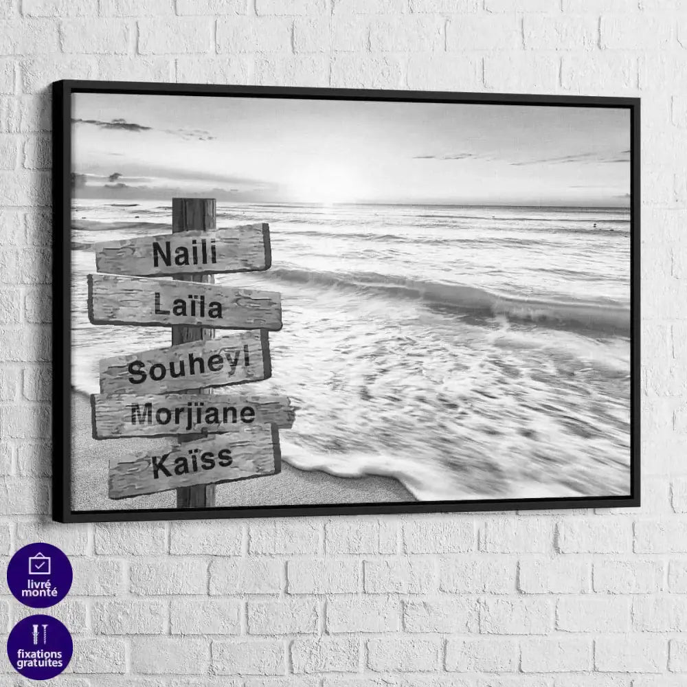 Tableau Prénoms Famille La Mer Noir et Blanc - Montableaudeco