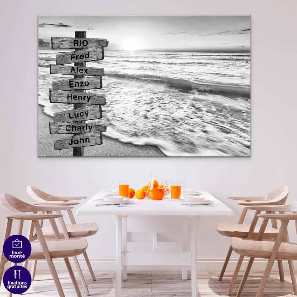 Tableau Prénoms Famille La Mer Noir et Blanc - Montableaudeco