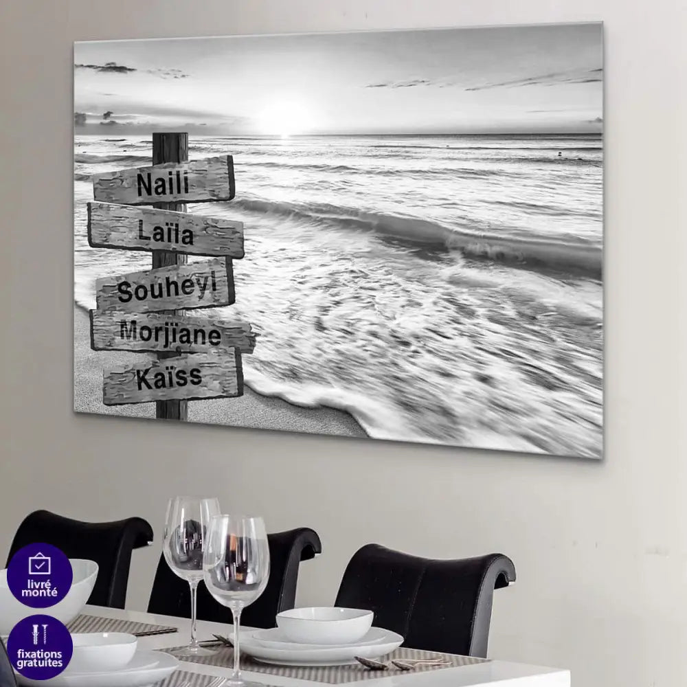 Tableau Prénoms Famille La Mer Noir et Blanc - Montableaudeco